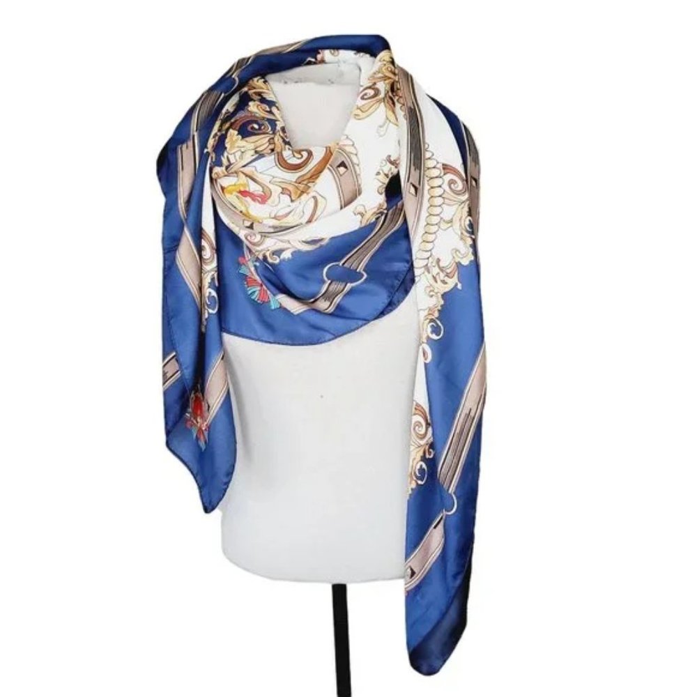 Scarf Shawl Silk Paisley Preppy Satin Blue Cream OS